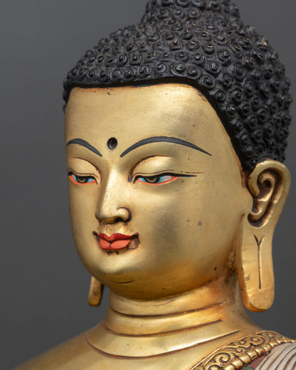 detailed side face close up of shakyamuni buddha statue with intricate gold features