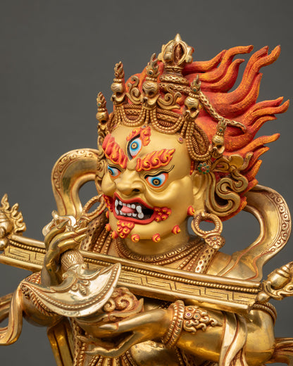 Detailed side view of Shakya Mahakala statue with sacred ornaments and copper craftsmanship