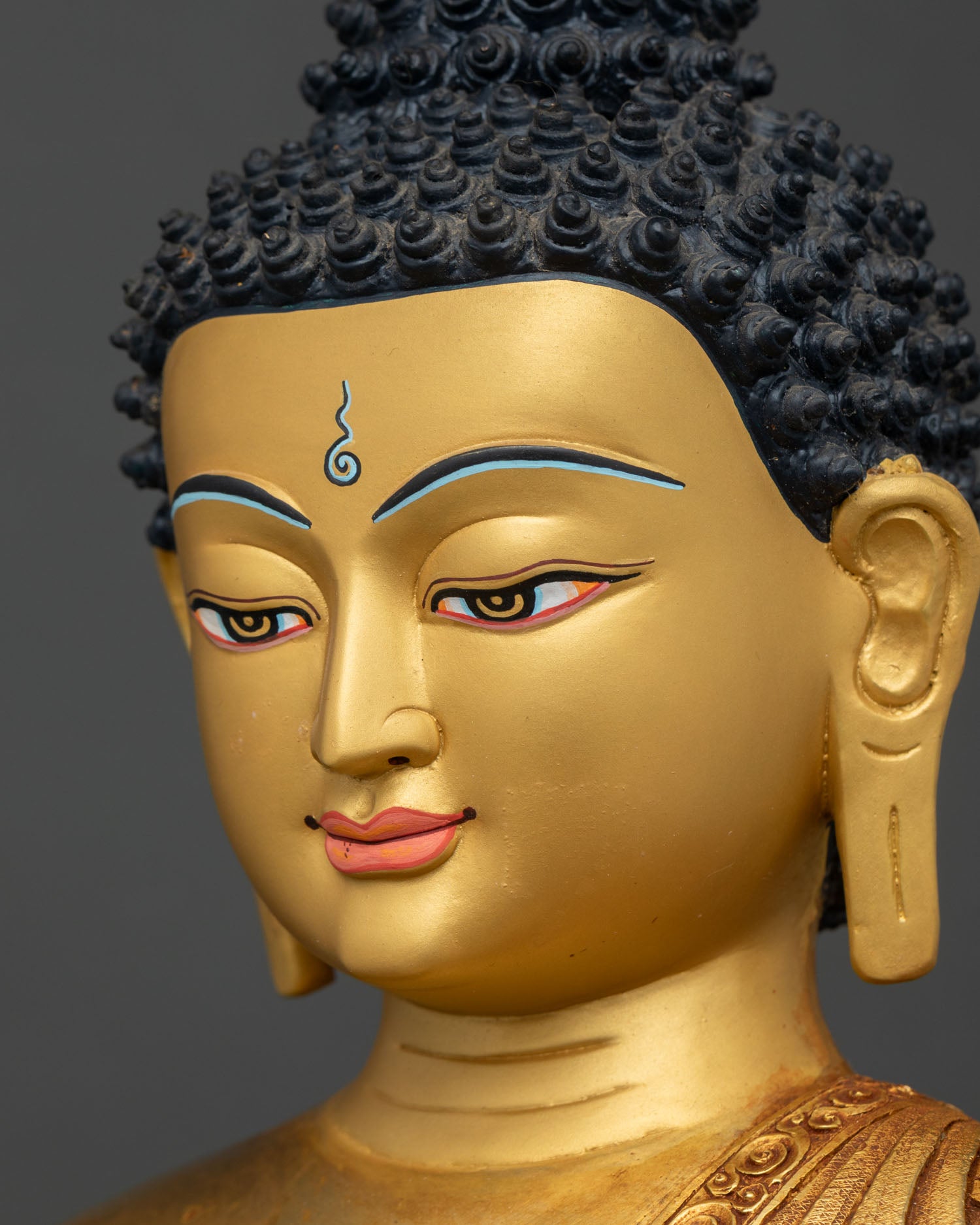 Detailed Side View of Handmade Shakyamuni Buddha Statue with Turquoise Bowl