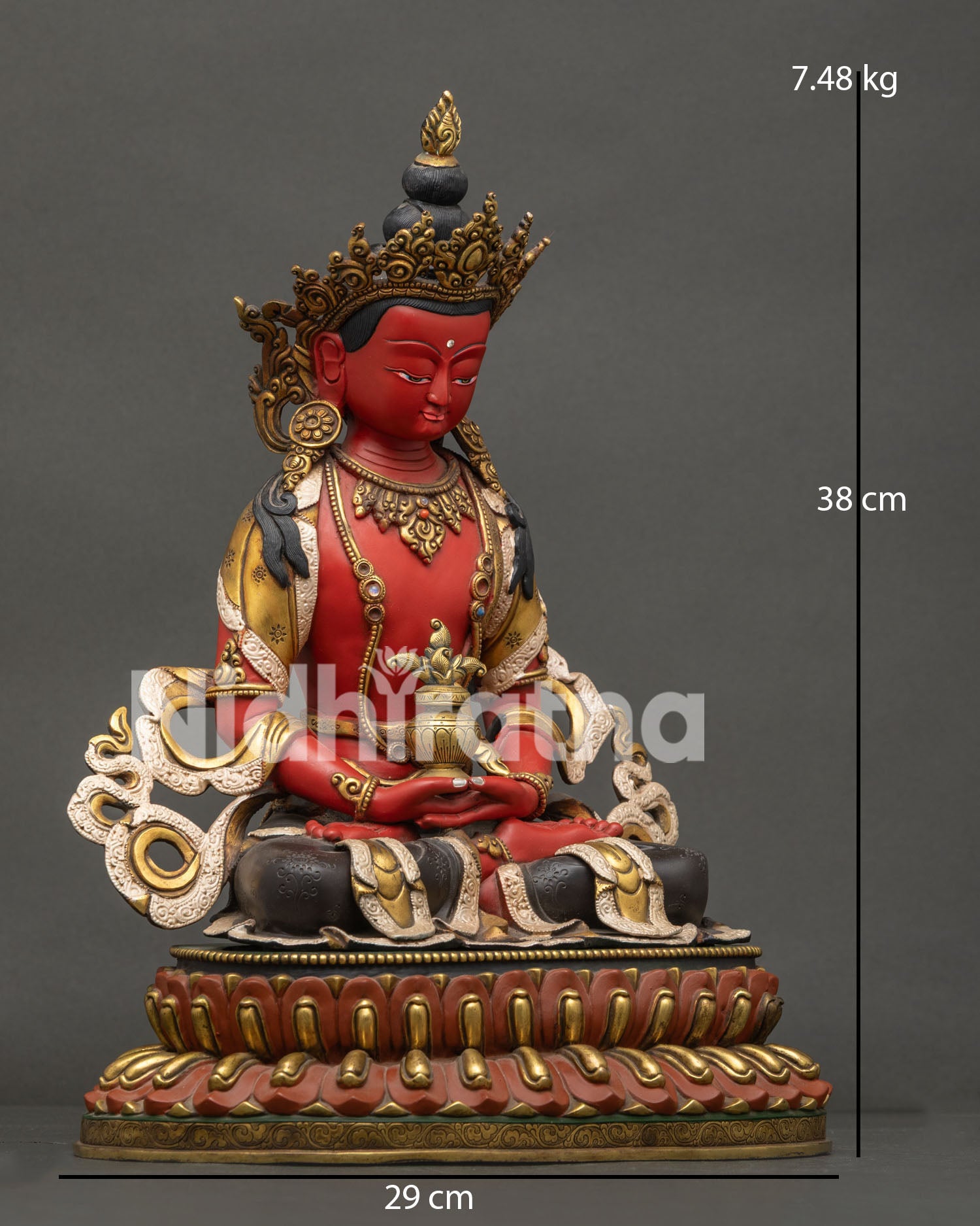Detailed side view of Himalayan Amitayus Buddha Statue with lotus throne and ornate robes