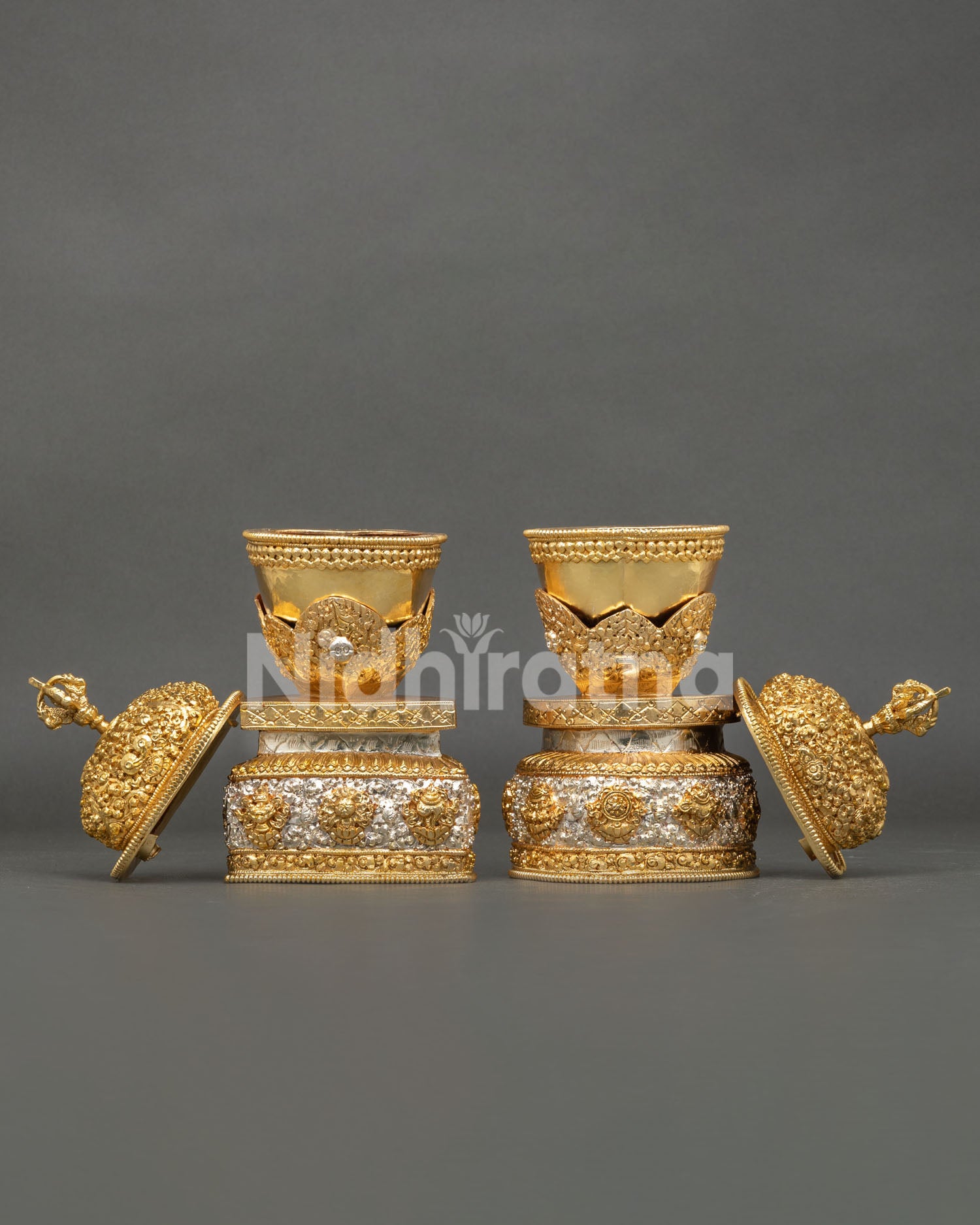 Detailed Side View of Himalayan Kapala Set Showing Ornamental Base and Traditional Newari Craftsmanship