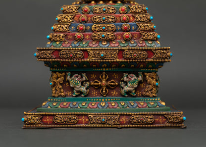 Detailed Side View of Nepalese Copper Stupa with Snow Lion Base and Double Vajra Engraving