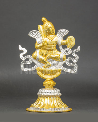 Detailed side view of Seven Chakravartin Symbols with gold gilded copper finish
