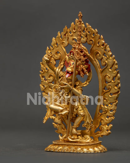 Detailed simha mukha statue showing khatvanga staff and ornate lotus pedestal.