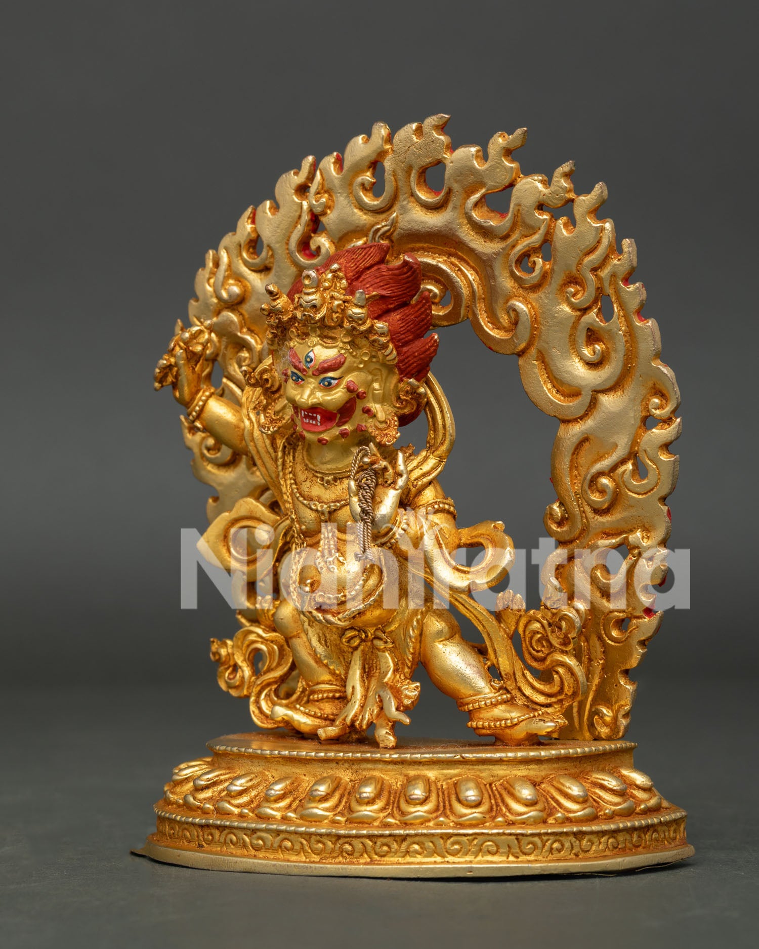 Detailed Vajrapani Holding Vajra and Lasso on Lotus Pedestal Gold Gilded.