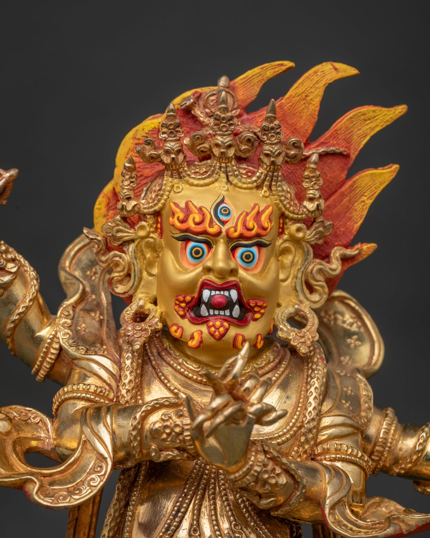 Detailed Vajrapani Statue Face Three Eyes Wisdom Flames and Vajrayana Details.