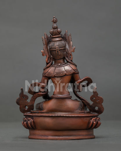 Detailed Vajrasattva statue with chemically oxidized copper surface and colorful semi precious stones.