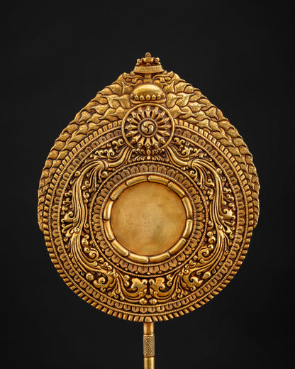 Detailed view of Amitabha Buddha statue halo with layered lotus petals, scrollwork, and sacred symbols