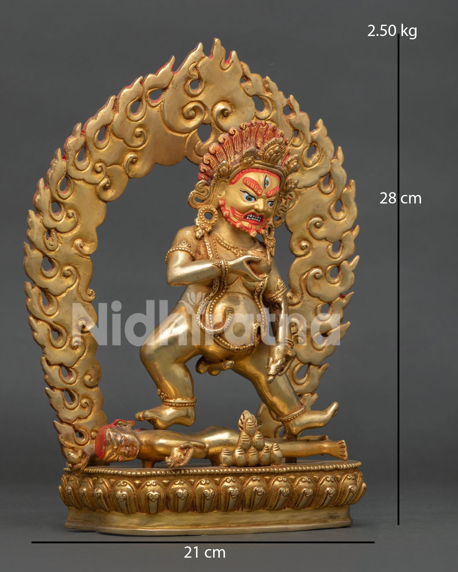 Detailed view of Black Dzambhala holding jewel spitting mongoose and skull cup