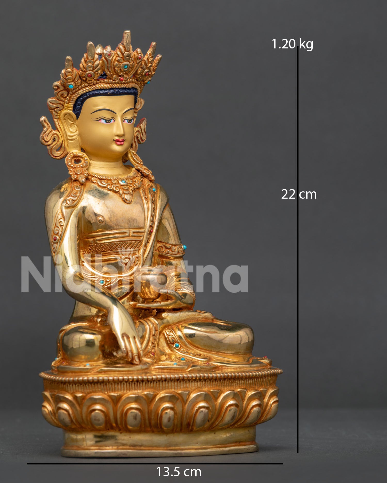 Detailed View of Crown Shakyamuni Buddha Patra Bowl Silk Robes and Semi Precious Stones.