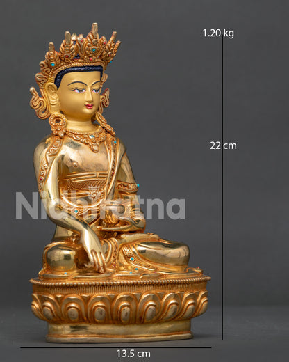 Detailed View of Crown Shakyamuni Buddha Patra Bowl Silk Robes and Semi Precious Stones.