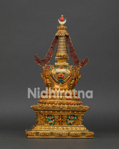 Detailed View of Gold-Plated Buddhist Stupa with Double Vajra Base Design