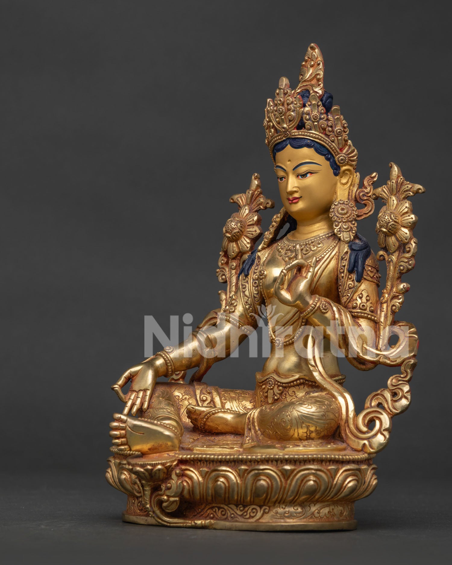 Detailed View of Green Tara Robes and Sacred Hand Mudra.
