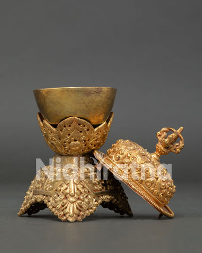 Detailed View of Handmade Copper Kapala Set with Ornamental Base and Vajra Cover