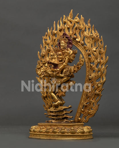 Detailed View of Hevajra Embracing Nairatmya with Skull Garland and Flaming Halo.