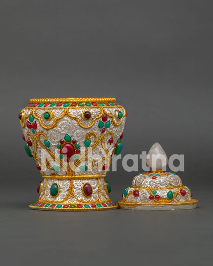 Detailed View of Himalayan Rice Pot Showing Intricate Filigree Design and Decorative Stone Embellishments
