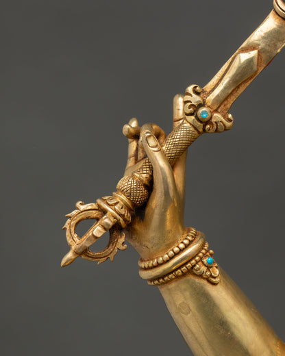 Detailed view of Manjushri's flaming wisdom sword with traditional Nepalese metal artistry