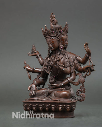 Detailed view of Namgyalma crown and ornaments with semi precious stones oxidized copper spiritual statue
