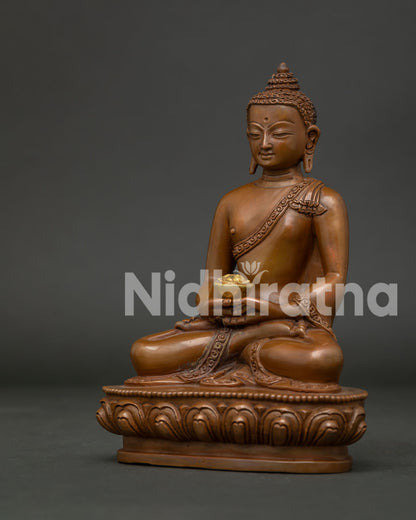 Detailed View of Oxidized Amitabha Buddha Statue with Serene Expression.