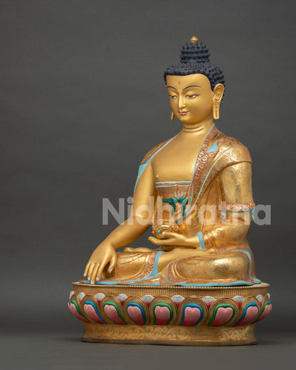 Detailed view of Shakyamuni Buddha begging bowl adorned with semi precious stones