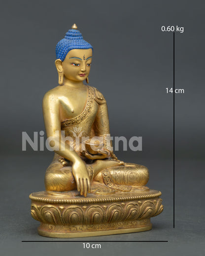 Detailed view of Shakyamuni Buddha, holding a begging bowl and displaying the Earth Touching Mudra