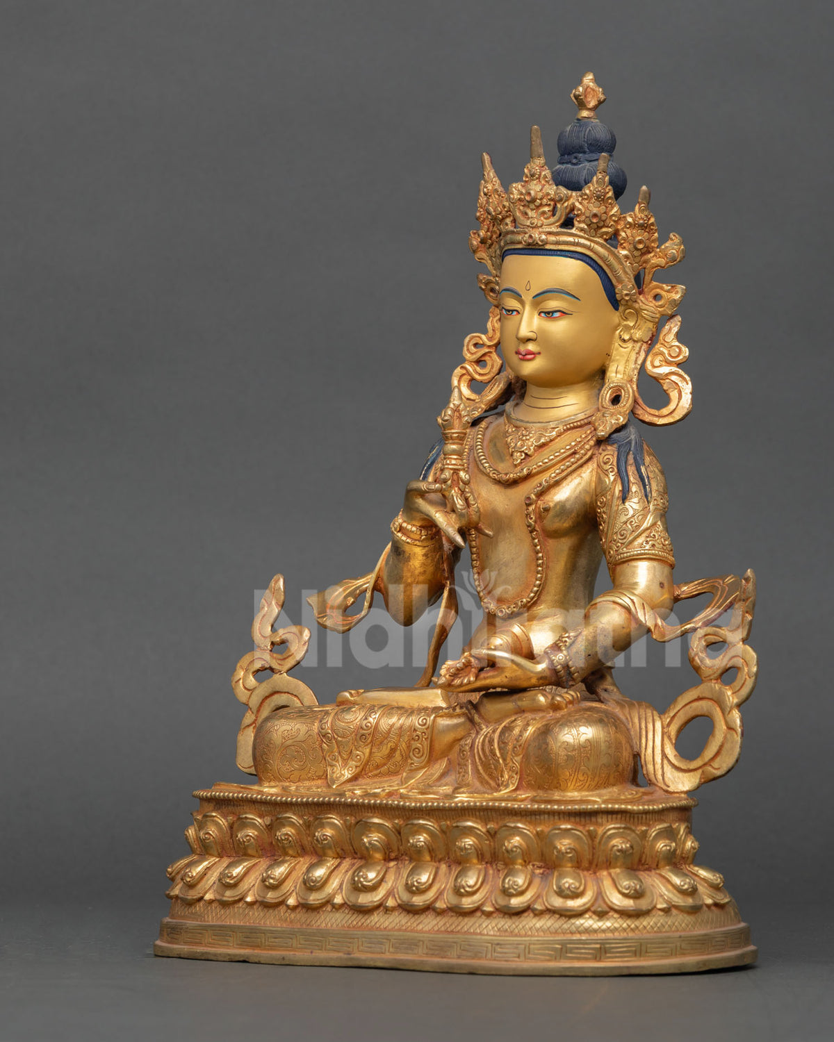 Detailed View of Vajrasattva Hand Carved Silk Garment and Celestial Scarf.