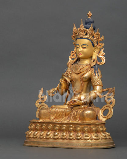 Detailed View of Vajrasattva Hand Carved Silk Garment and Celestial Scarf.