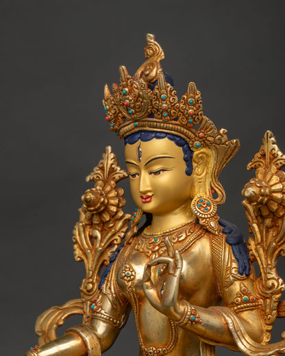 Detailed white tara statue symbolizing healing longevity compassion and protection for sacred spaces.