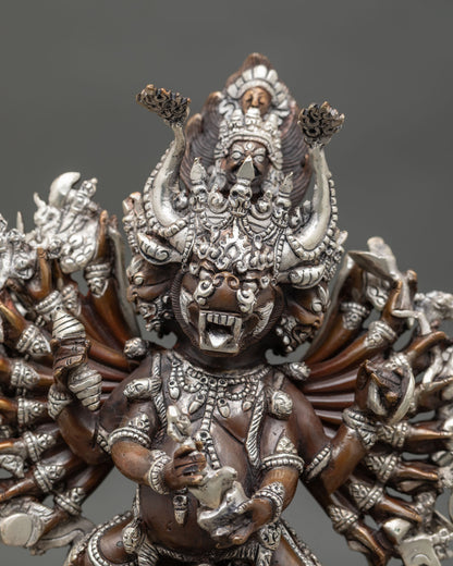 Detailed Yamantaka deity statue featuring a buffalo face and sacred implements of wrathful wisdom