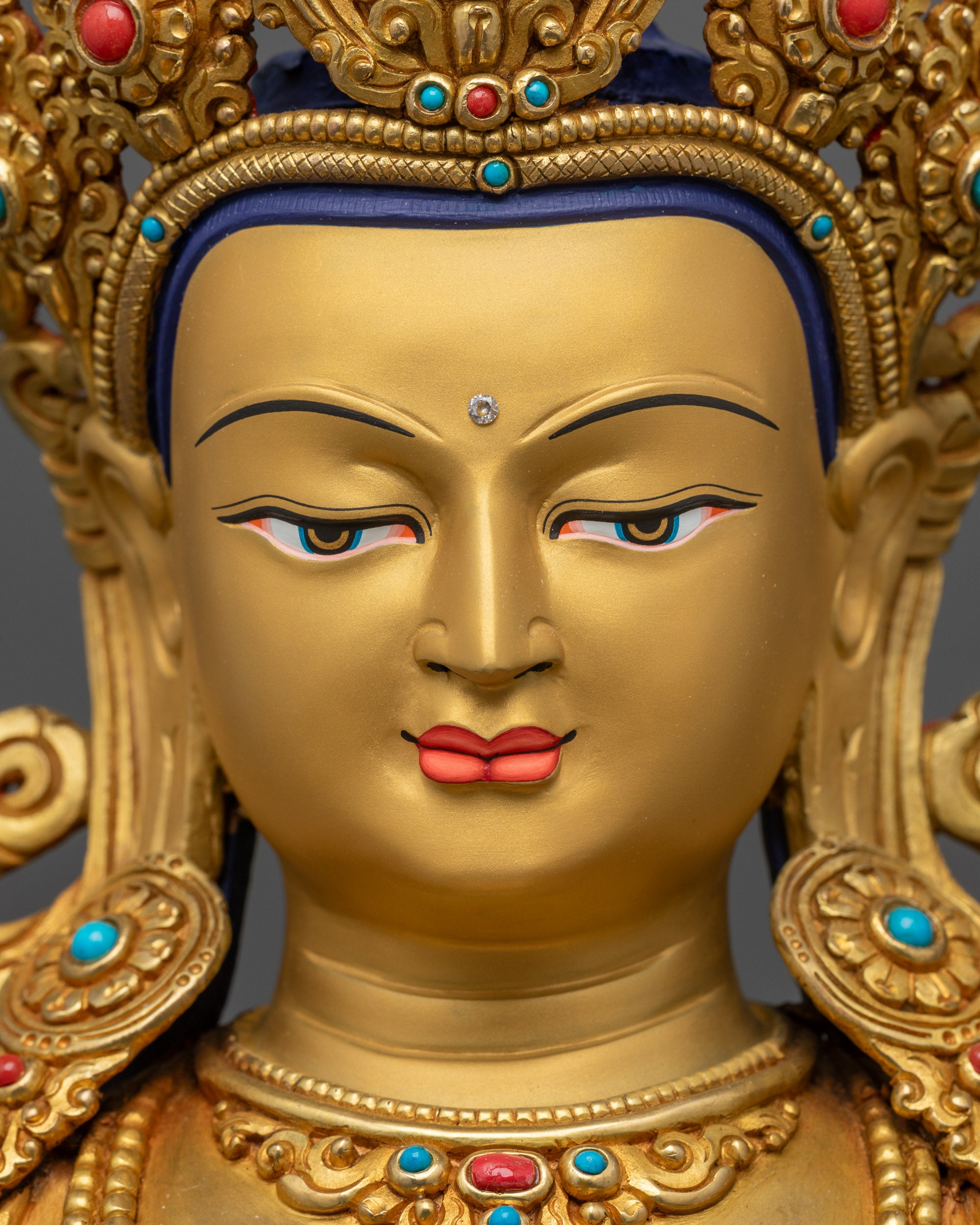 detailed close up Amitayus face with serene gold-gilded expression, long life deity
