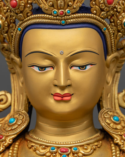 detailed close up Amitayus face with serene gold-gilded expression, long life deity
