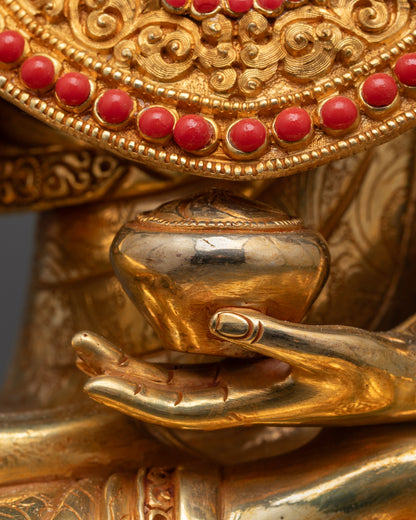 detailed close up bowl Jowo Shakyamuni Buddha statue showing Patra Bowl symbolizing purity and alms