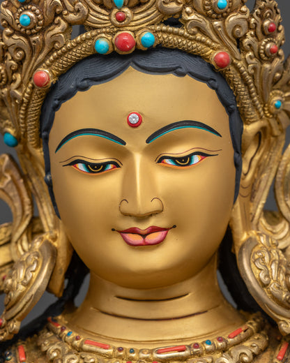 detailed close up face Green Tara Buddhist deity, serene healing expression, Nepalese art