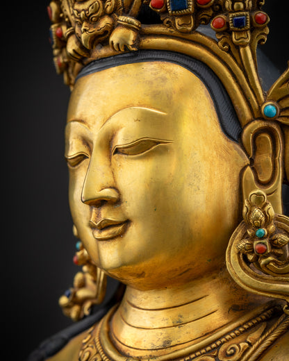 detailed close up face chenrezig statue with serene expression and smooth hair