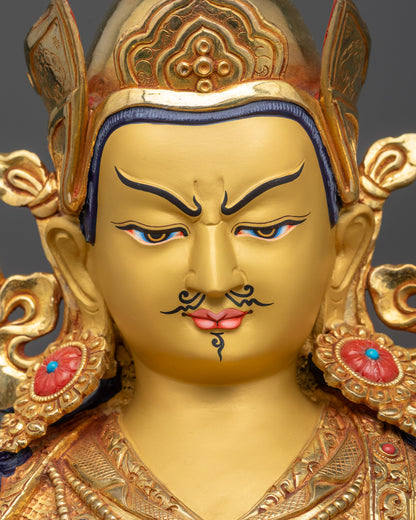 detailed close up face of Padmasambhava Statue showing wrathful yet compassionate expression