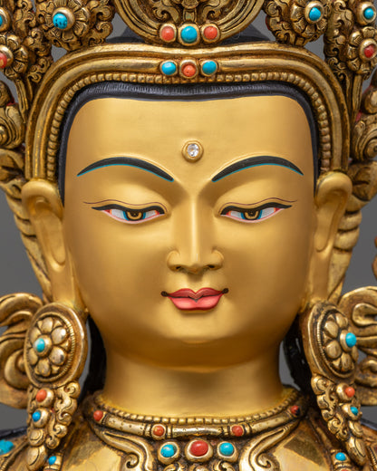 detailed close up face of Premium Manjushri Statue with serene expression and wisdom flame sword
