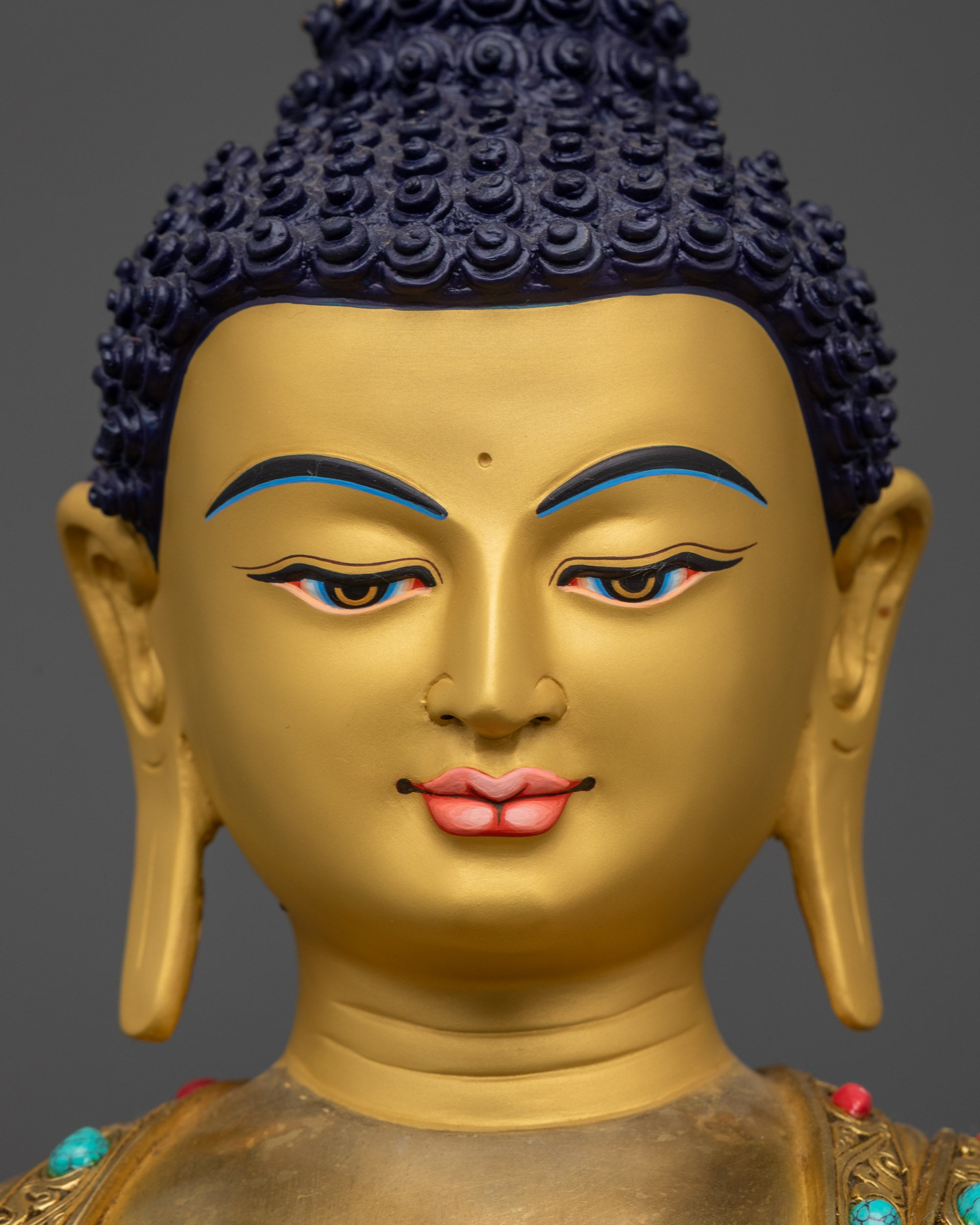 detailed close up face of Shakyamuni Buddha with serene gold-gilded expression