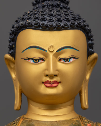 detailed close up of Shakyamuni Buddha face with serene expression and fine carved details