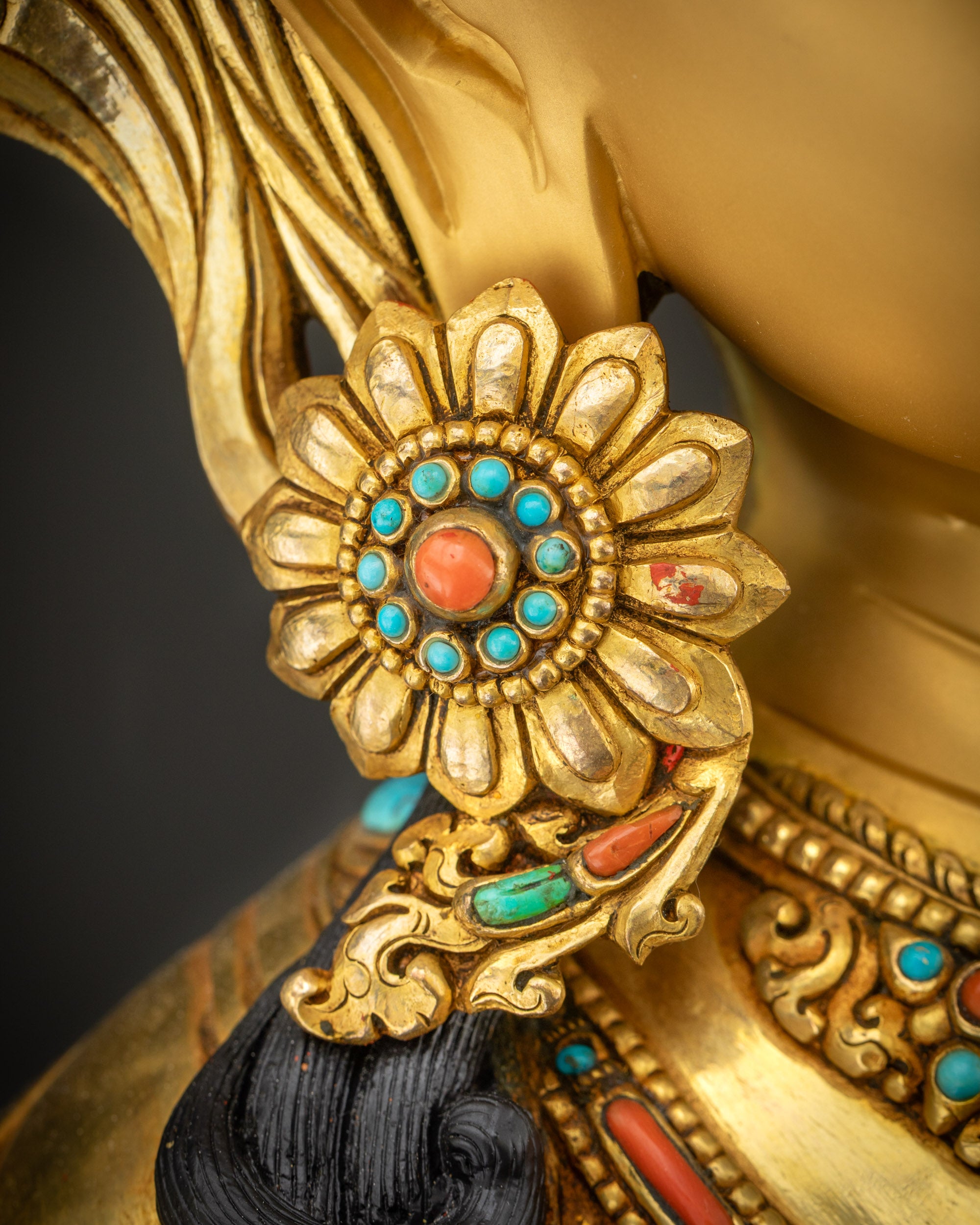 detailed earrings Manjushri copper alloy statue adorned with semi-precious stones
