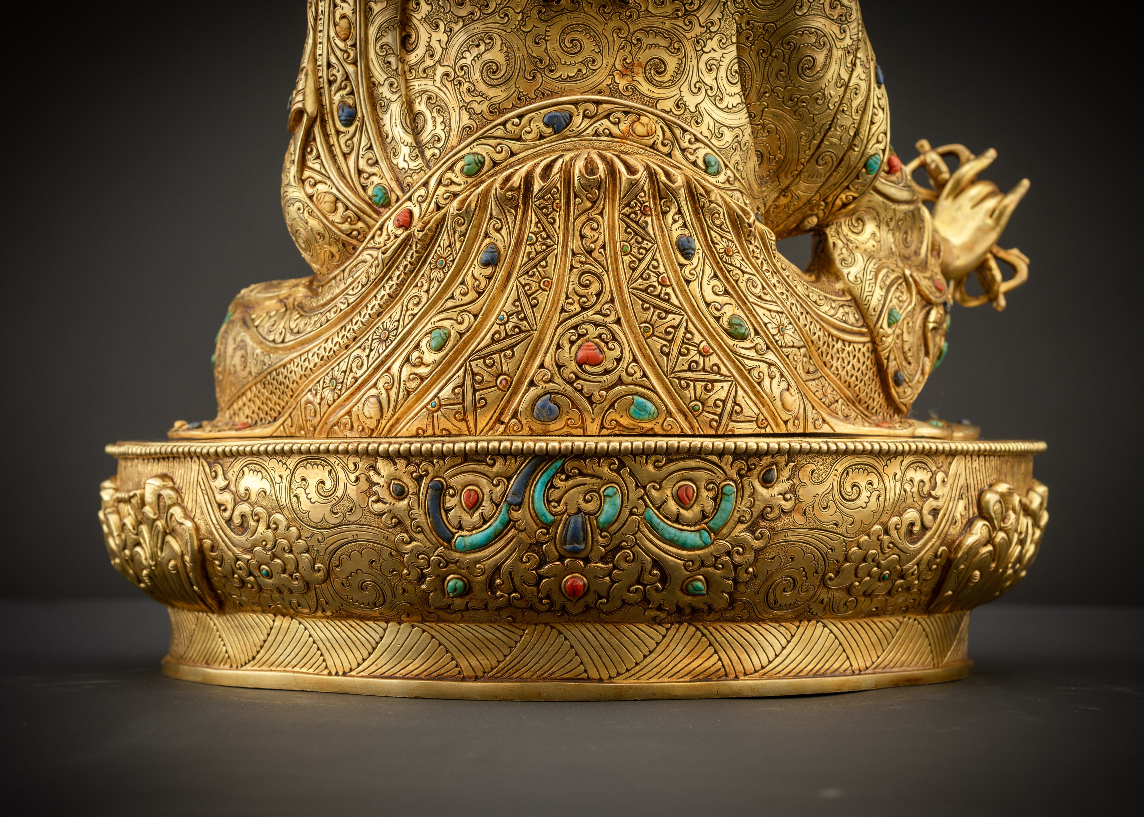 detailed landscape shot of guru seated on lotus seat back Himalayan handcrafted artwork
