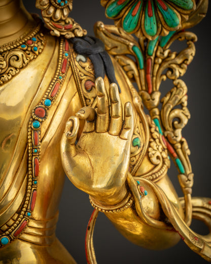 detailed mudra Abhay gesture Manjushri gold-gilded Buddhist sculpture
