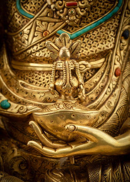 detailed shot of kapala Padmasambhava Guru Rinpoche statue handcrafted in Nepal
