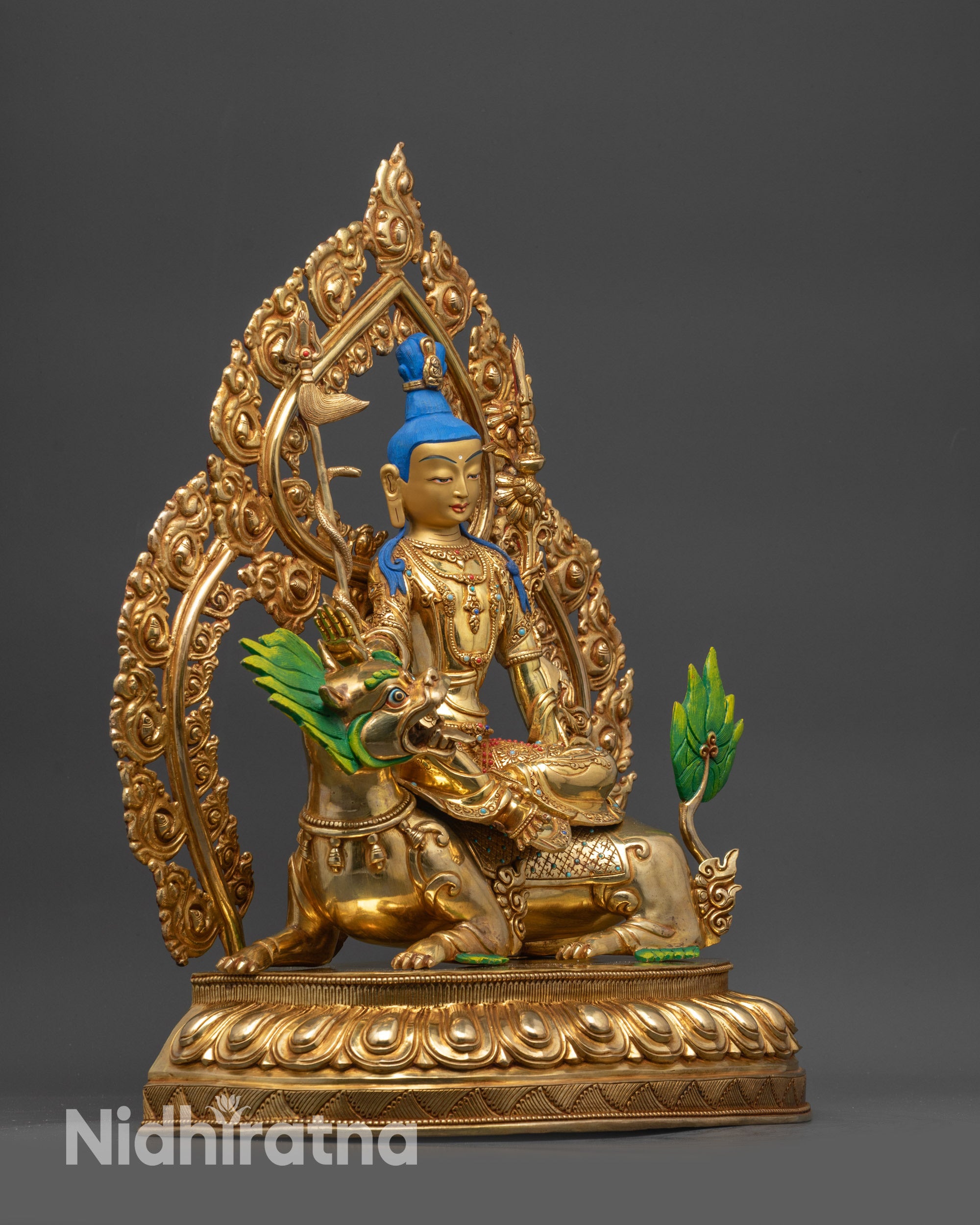 detailed side Simhanada Avalokiteshvara with wisdom sword and serpent-wrapped trident
