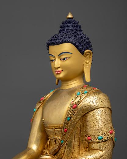 detailed side close up Shakyamuni Buddha robe with intricate carved patterns