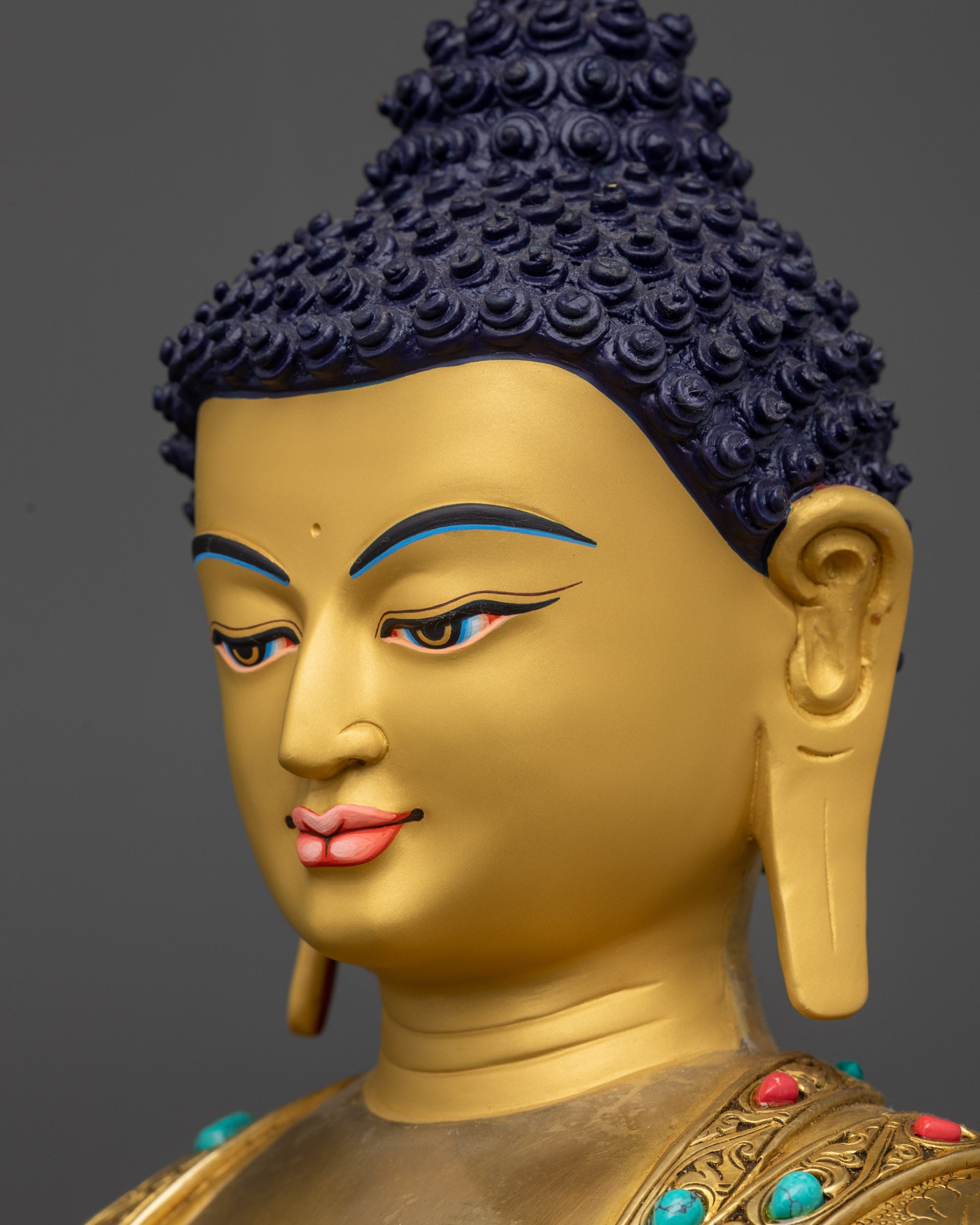 detailed side close up face of Shakyamuni Buddha with calm meditative gaze