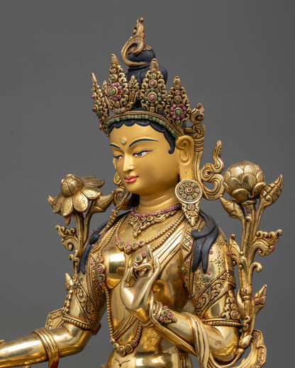 detailed side view Green Tara statue showing lotus stem, flowing robes and halo motifs