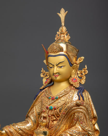 detailed side view Padmasambhava Statue showing trident lotus hat and ornate kasaya robe
