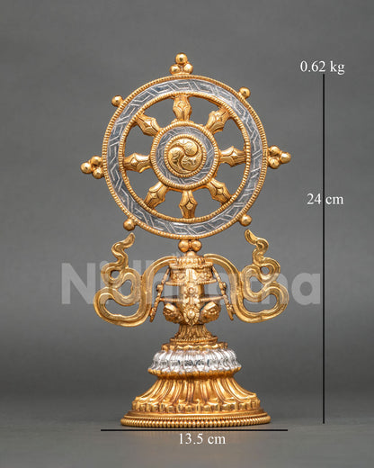 Dharma Chakra Buddhist wheel handcrafted in Nepal from copper with gold-plated and silver-plated finishes