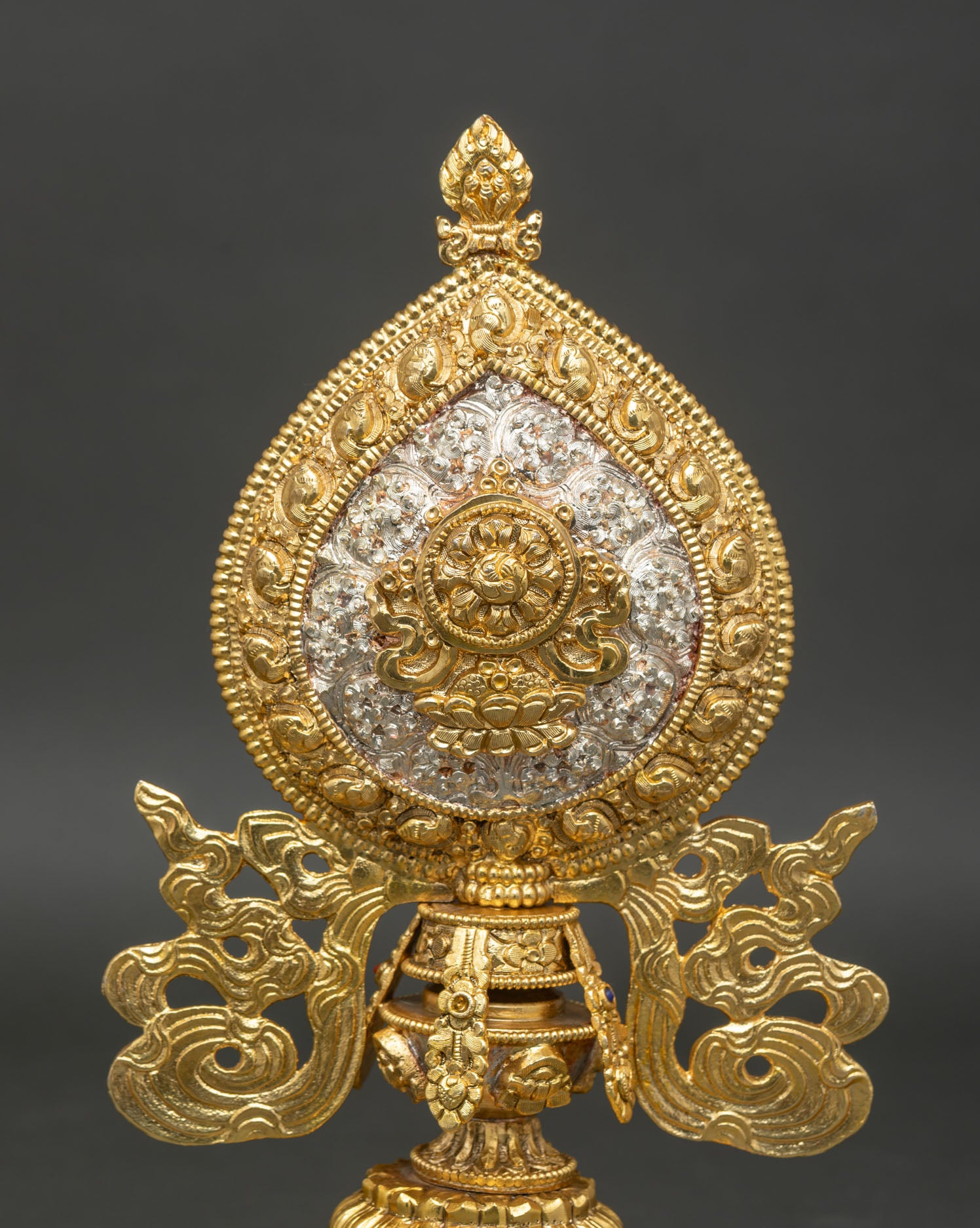 Dharma Wheel Astamangala symbol created in copper with gold and silver plated detailing representing the teachings of Buddha and the path to enlightenment