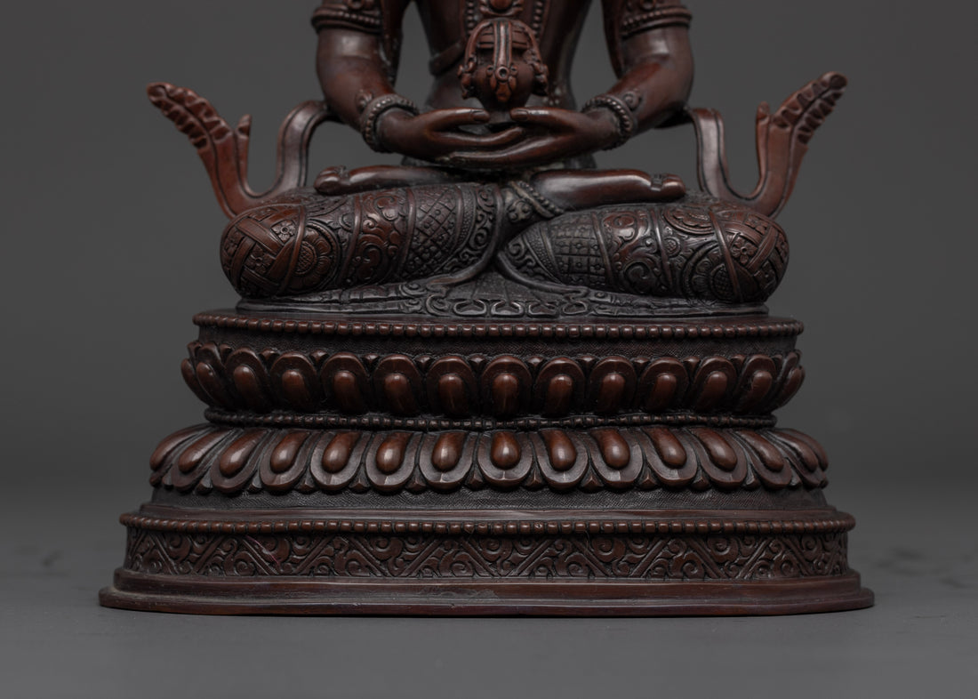 oxidized amitayus buddha statue with crossed leg holding a nectar of life with dhyana mudra